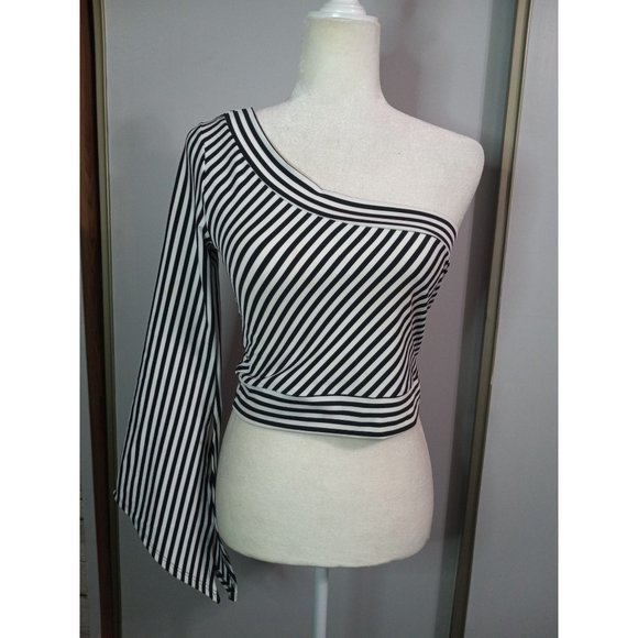 Helium Large Black White Strip One Shoulder Classic Going Out Occasion Crop Top - Picture 1 of 4